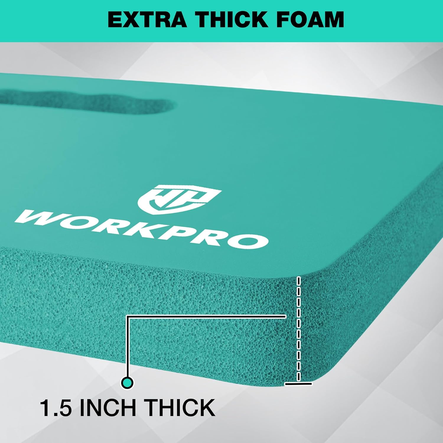 Teal extra-thick foam kneeling pad close-up showing thickness edge.