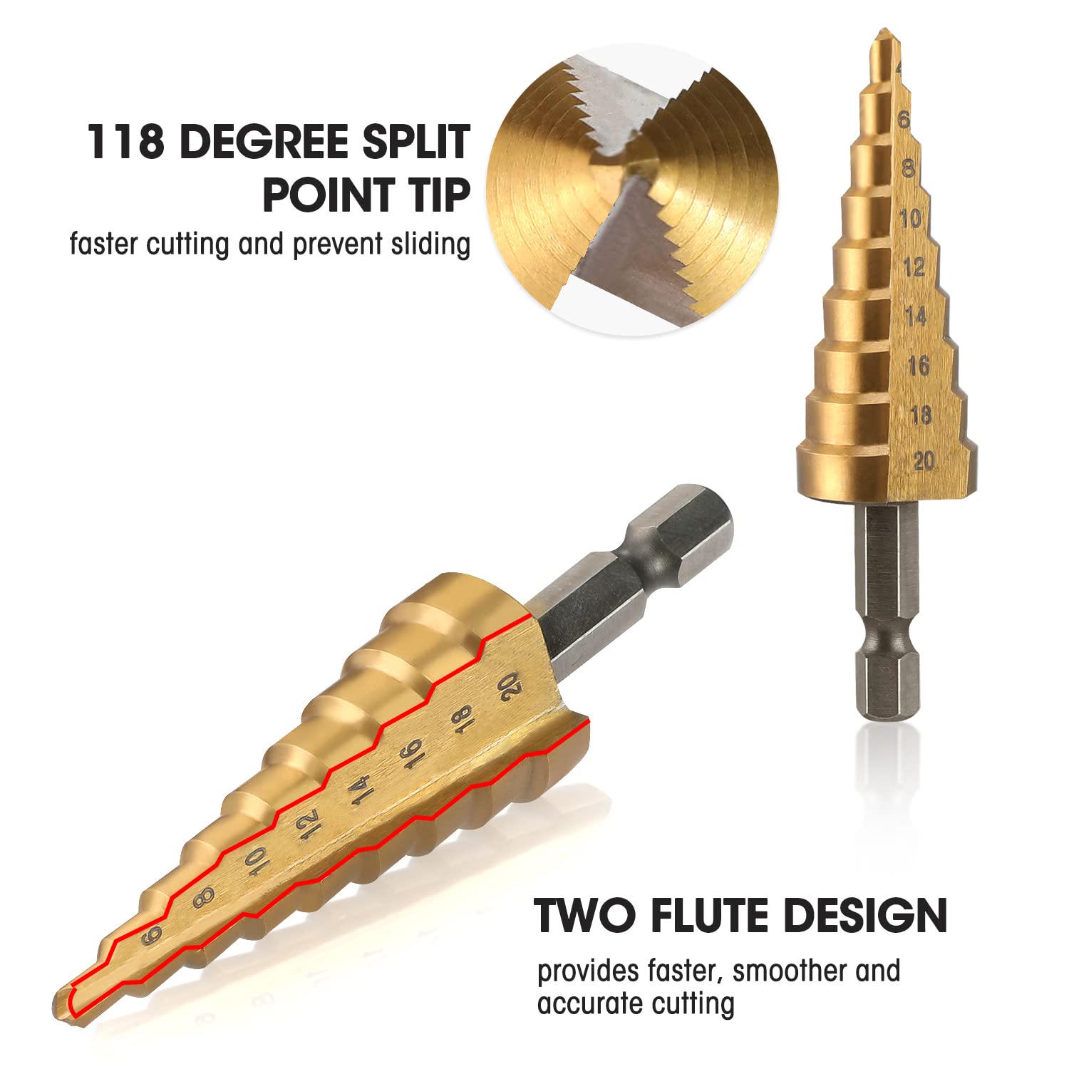 Gold step drill bits with split-point tips and two-flute cutting design