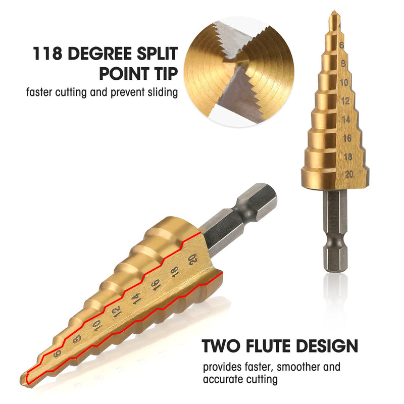 WORKPRO 3-Piece Step Drill Bit Set, 1/4" Hex Shank Quick Change High Speed Steel Titanium Coated Drill Bits for Plastic, Wood, Sheet Metal, Aluminum Hole Drilling, Well-Organized Bag Included,Metric (W)