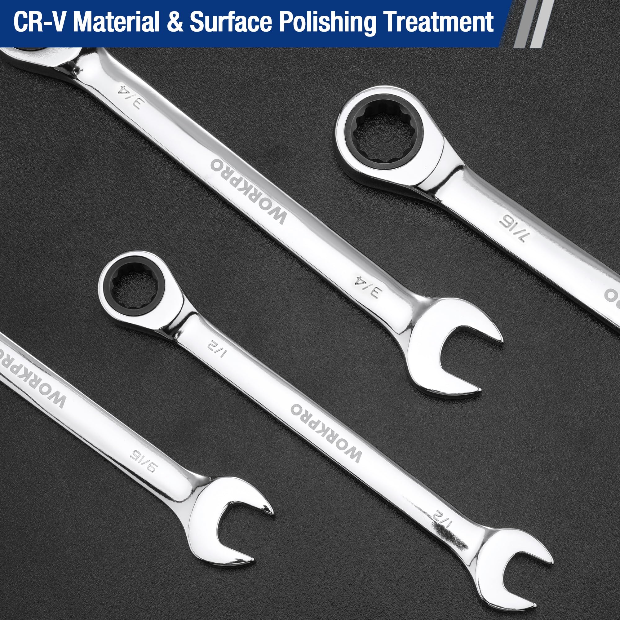 Two chrome ratcheting wrenches with 12-point box ends, multi-size SAE