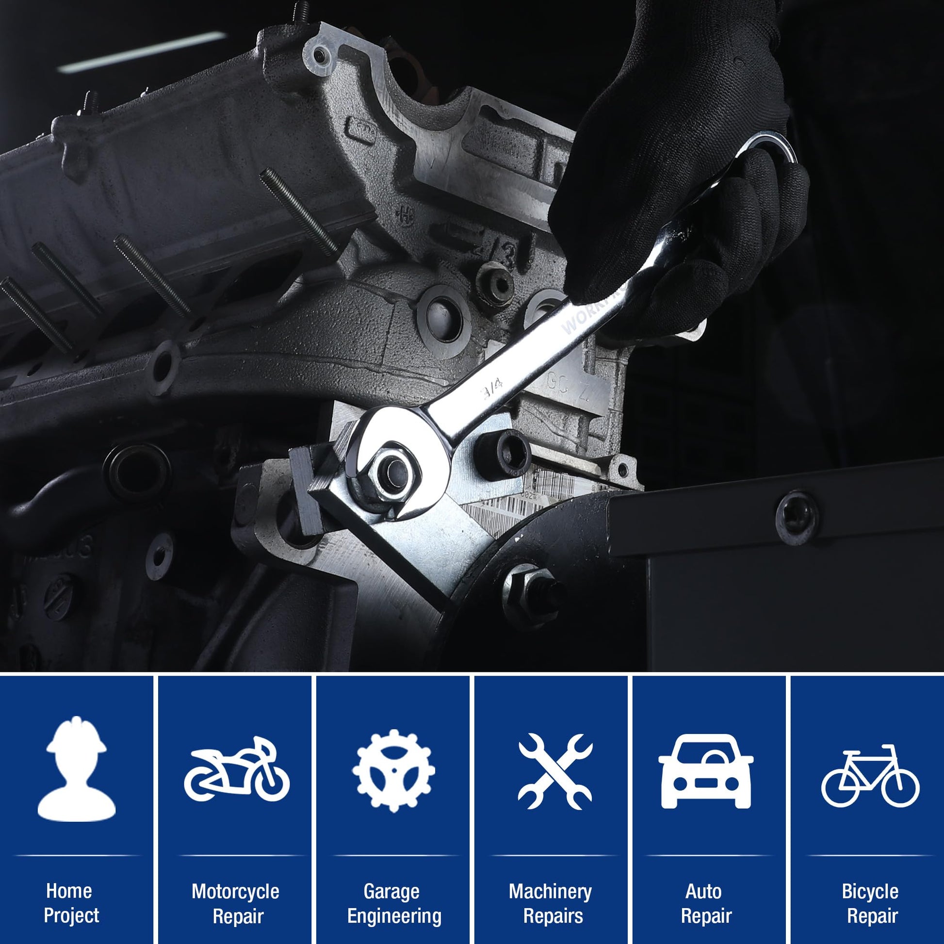 Ratcheting wrench held on engine hardware, chrome finish with box end