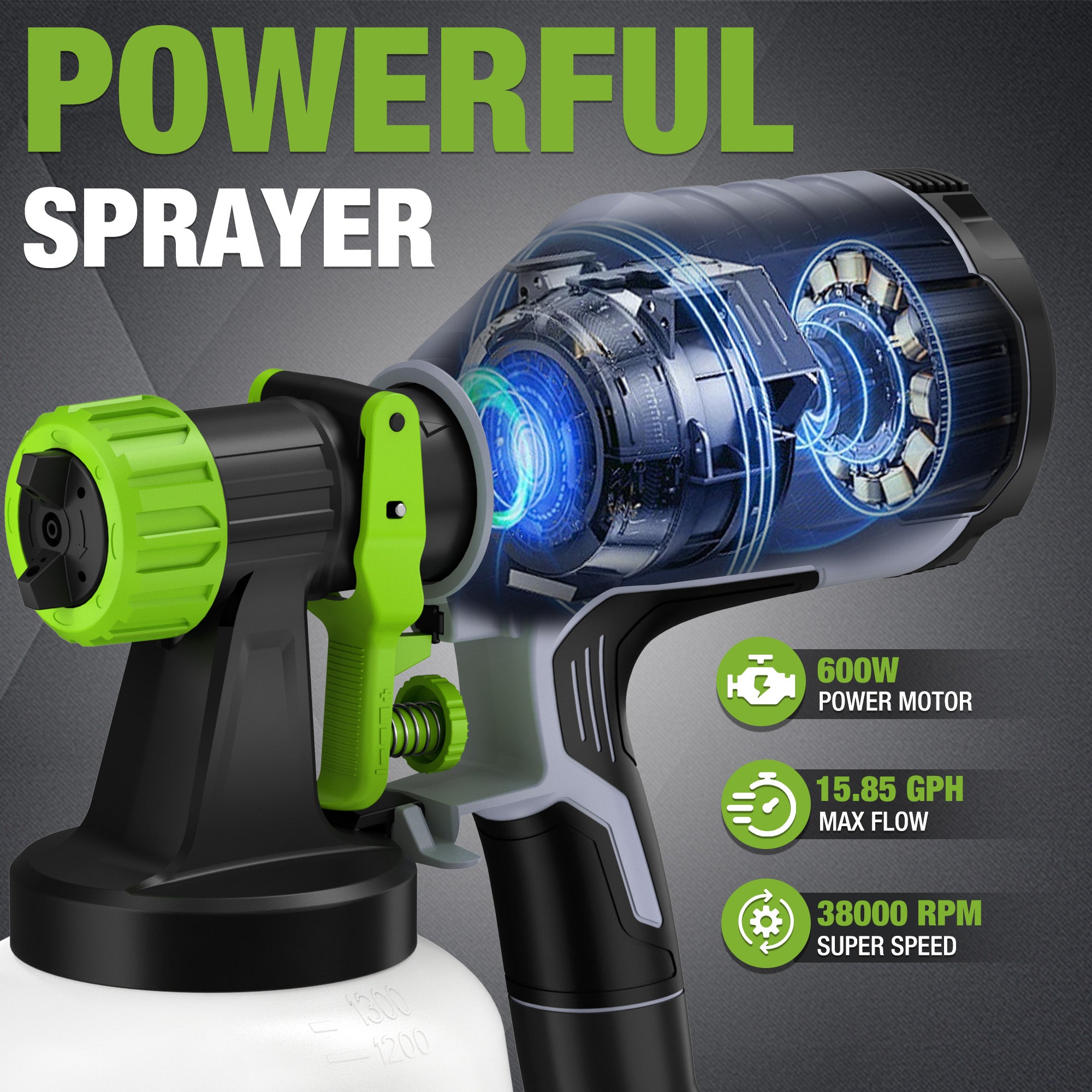 HVLP paint sprayer front view with green nozzle and gray turbine-style motor housing