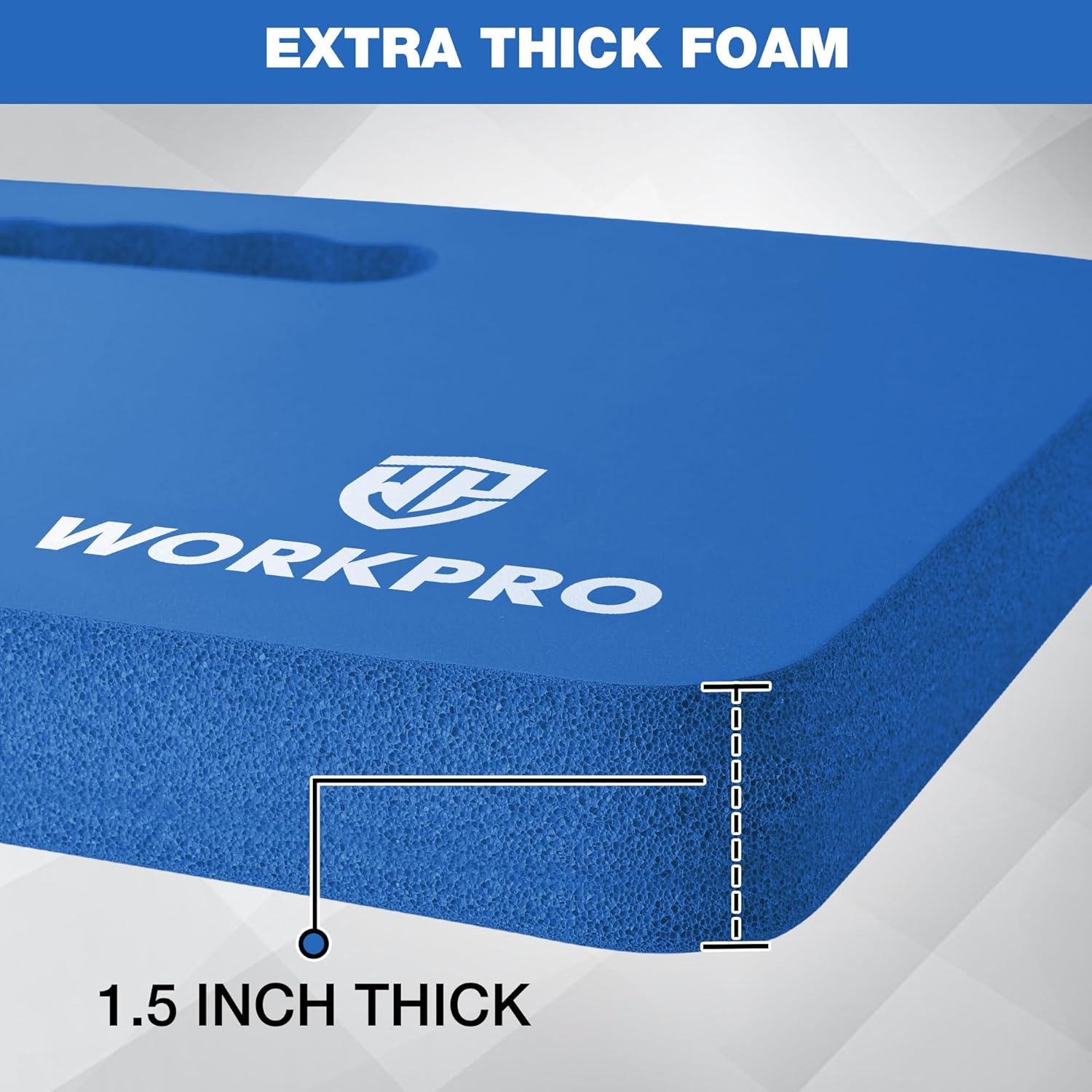 Close-up of blue extra-thick foam kneeling pad edge, 1.5-inch thickness