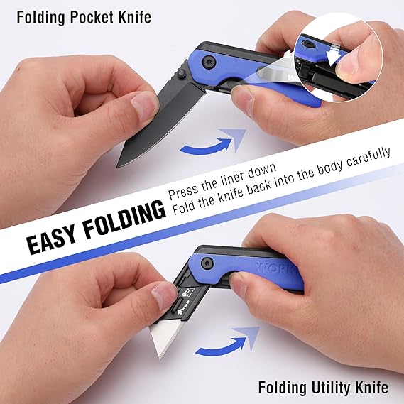 WORKPRO 2-in-1 folding pocket knife with blue handle, hands folding the blade.