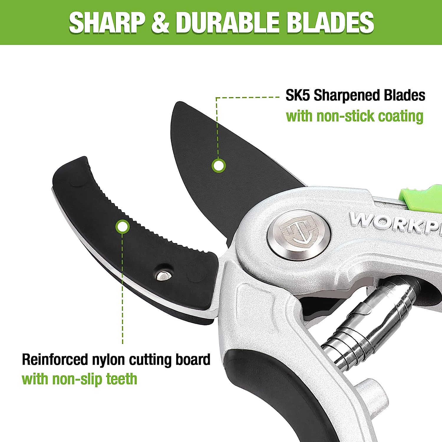 Anvil pruning shears close-up of SK5 sharpened blade and hinge mechanism