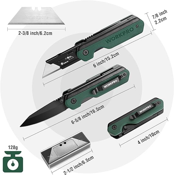 WORKPRO 2-in-1 folding knife with green G10 handle, shown with size measurements.