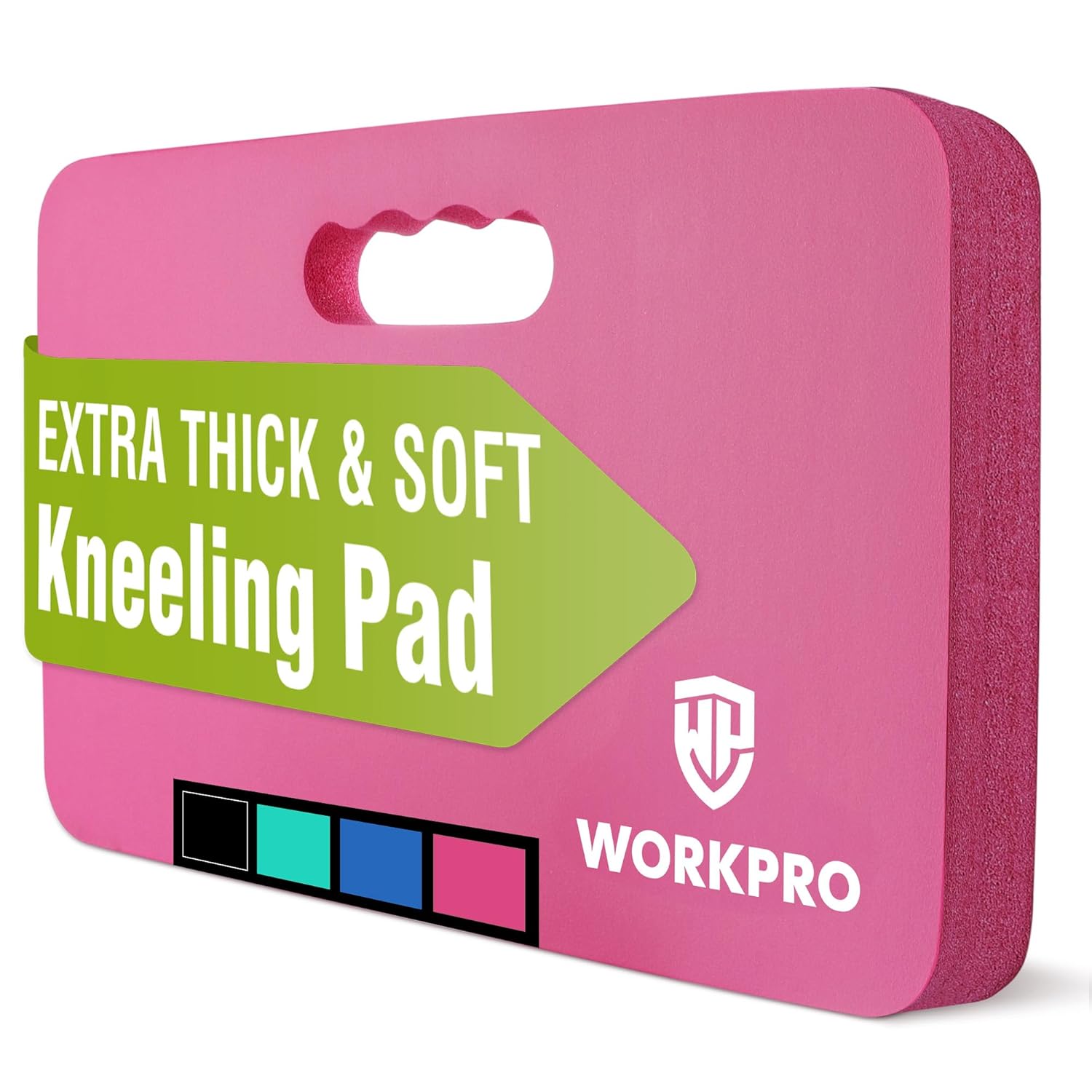 Extra thick foam kneeling pad with hand-grip cutout, pink, WORKPRO logo