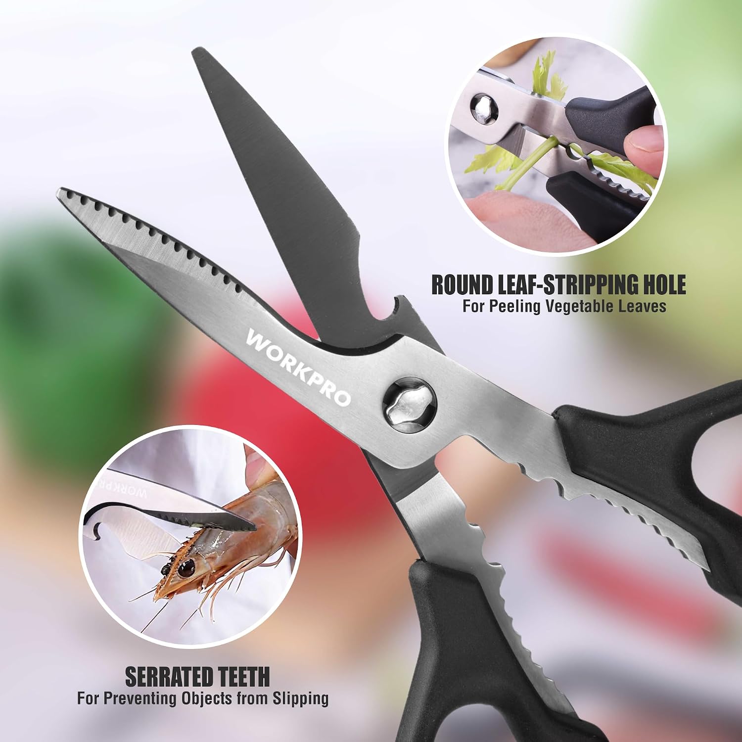 Kitchen scissors with round leaf-stripping hole and serrated stainless teeth