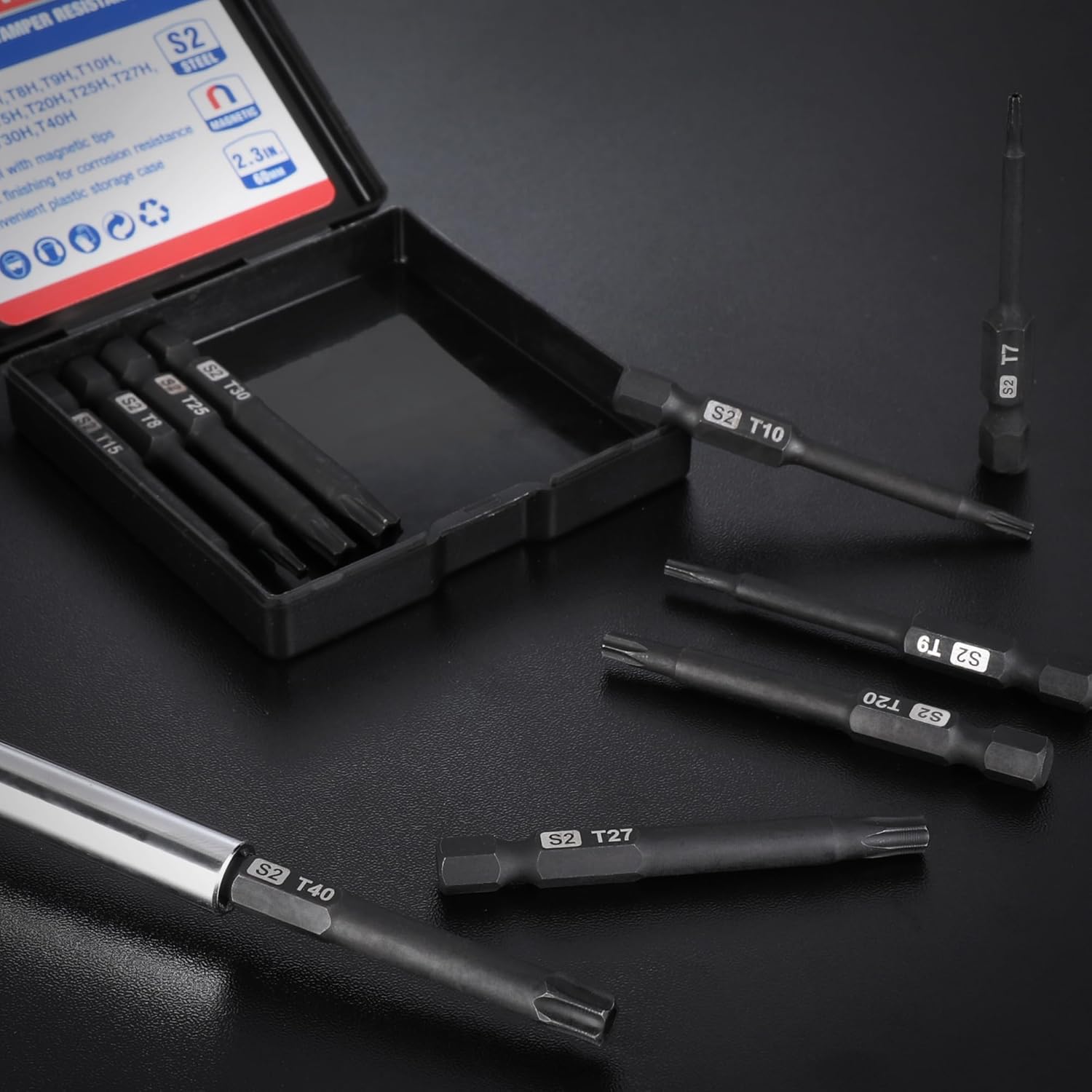 Tamper-resistant Torx bit set in black storage tray with multiple S2 steel bits