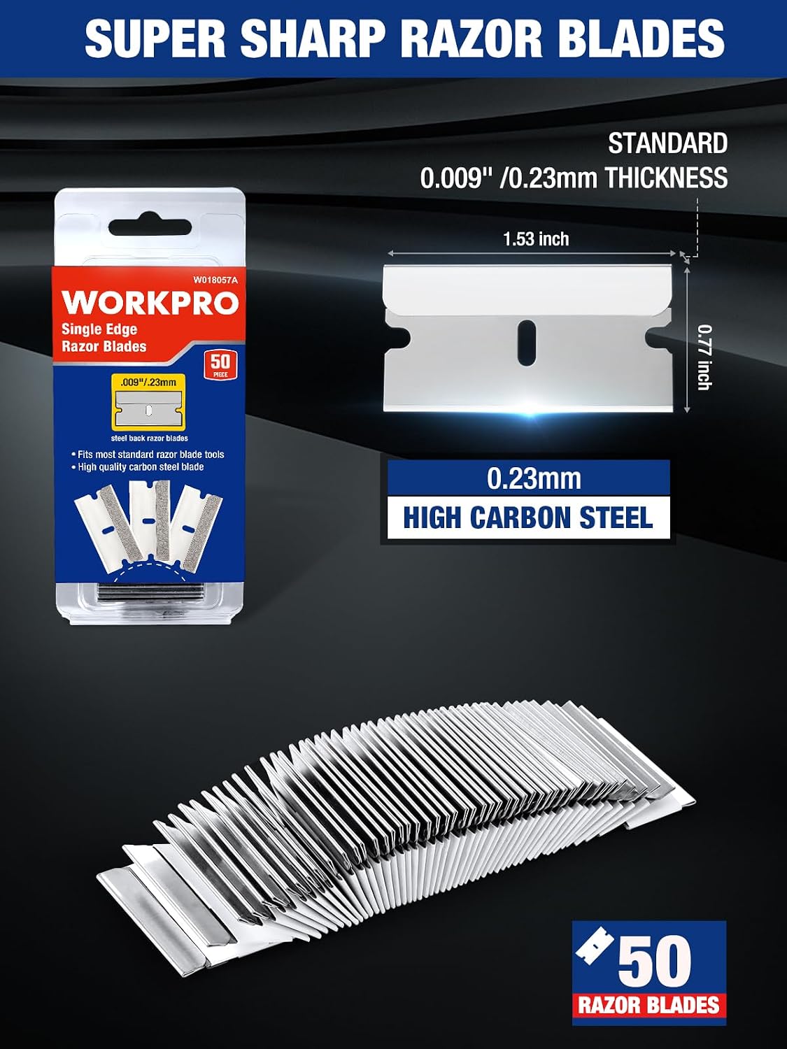 Razor blade scraper with 50 high carbon steel blades in a retail pack