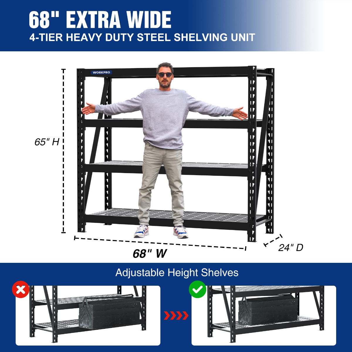 Adjustable black steel 4-tier garage shelving unit with open wire shelves