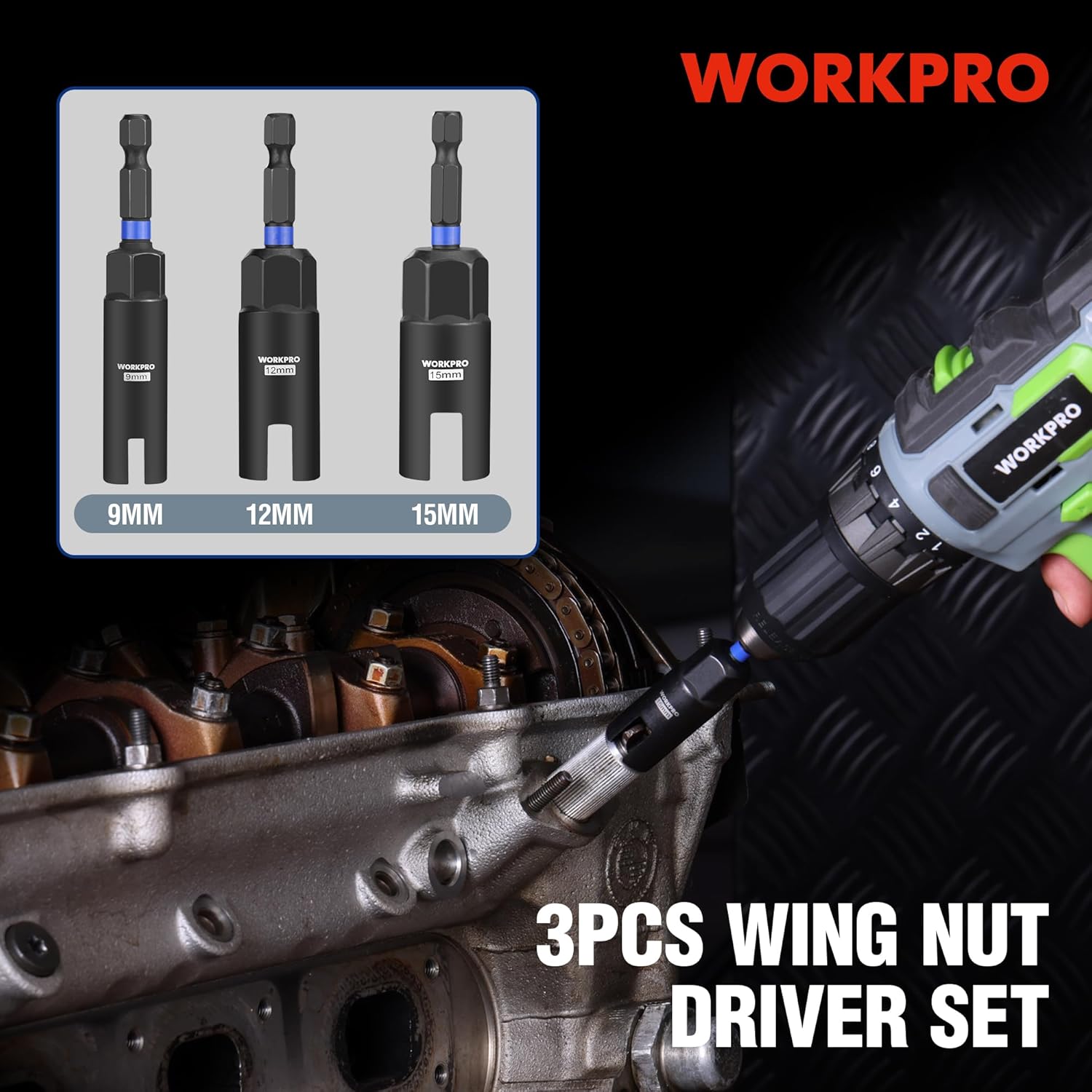WORKPRO 3-piece wing nut driver set with 9mm, 12mm, and 15mm sockets