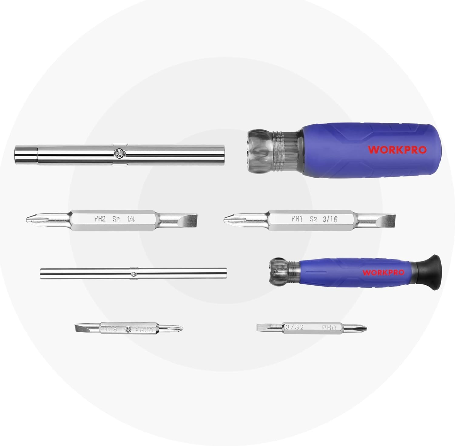 WORKPRO multi-bit screwdriver set with blue handles and included precision bit tips
