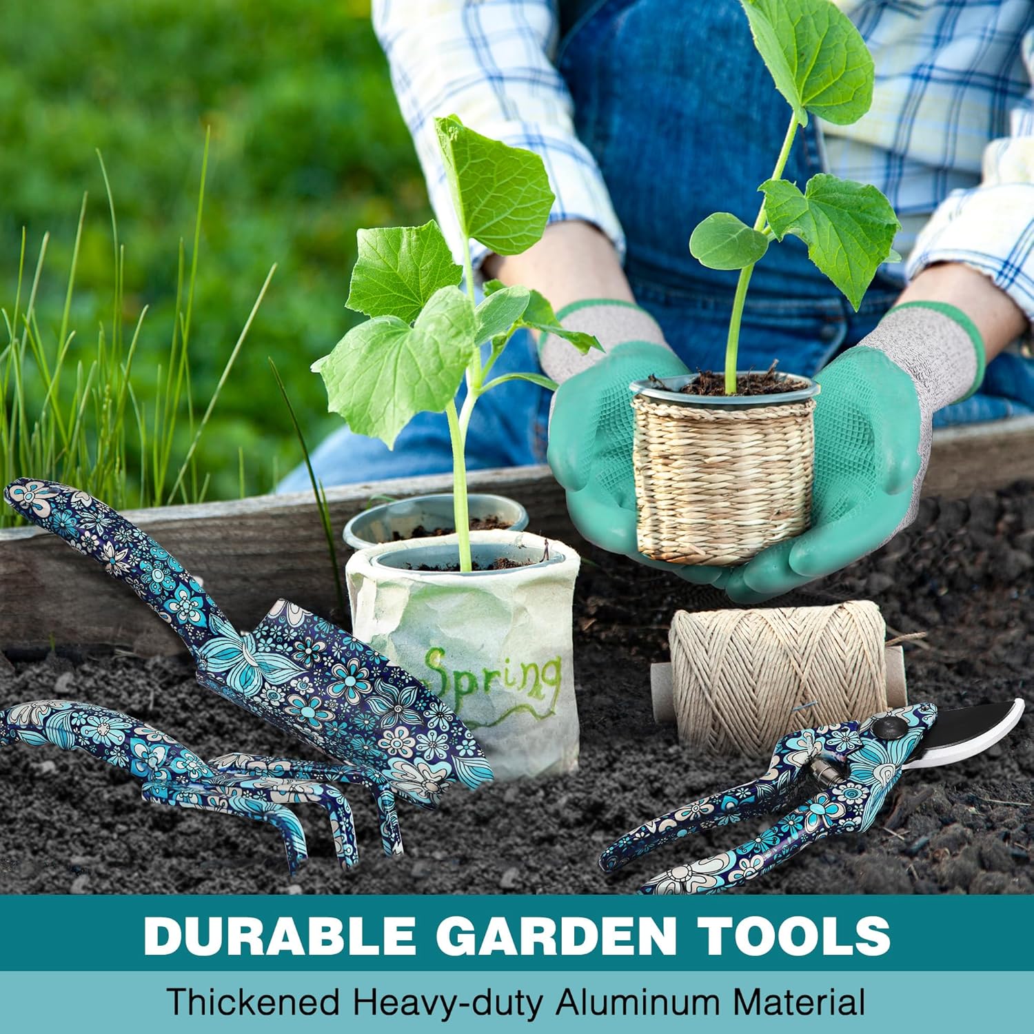 Gardening scene with blue floral pruners, turquoise gloves, and a small plant in soil