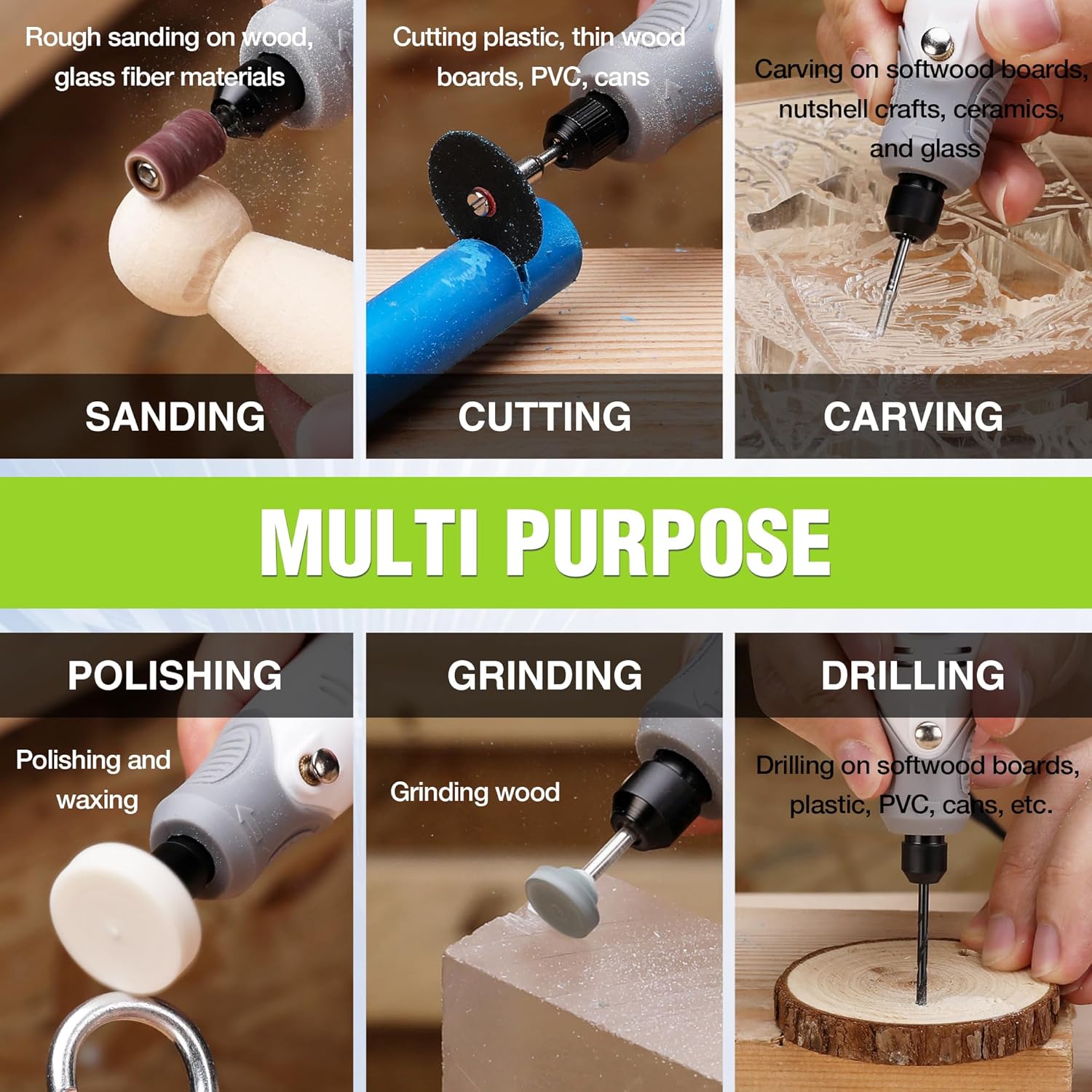 Multi-purpose rotary tool accessories for sanding, cutting, polishing, grinding, and drilling
