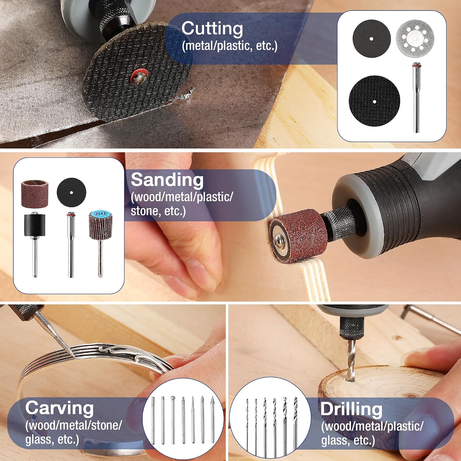 Rotary cutting, sanding, carving and drilling attachments for metal, wood and plastic