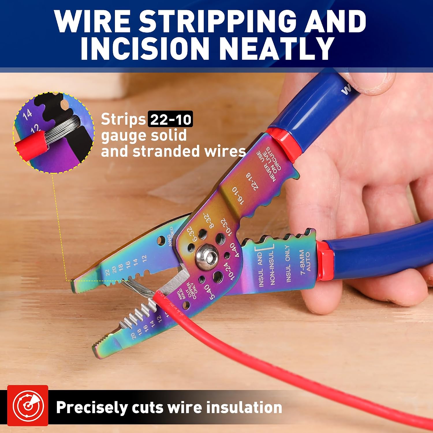 Wire stripper and crimping tool stripping a red insulated wire using rainbow-coated cutting jaws