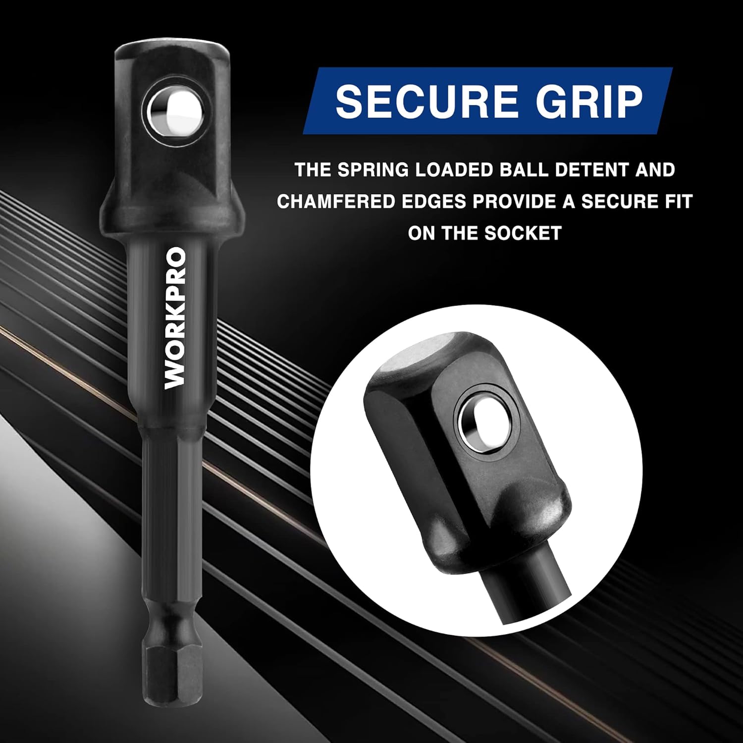 Black socket adapter extensions with secure spring-loaded ball detent and chamfered edges