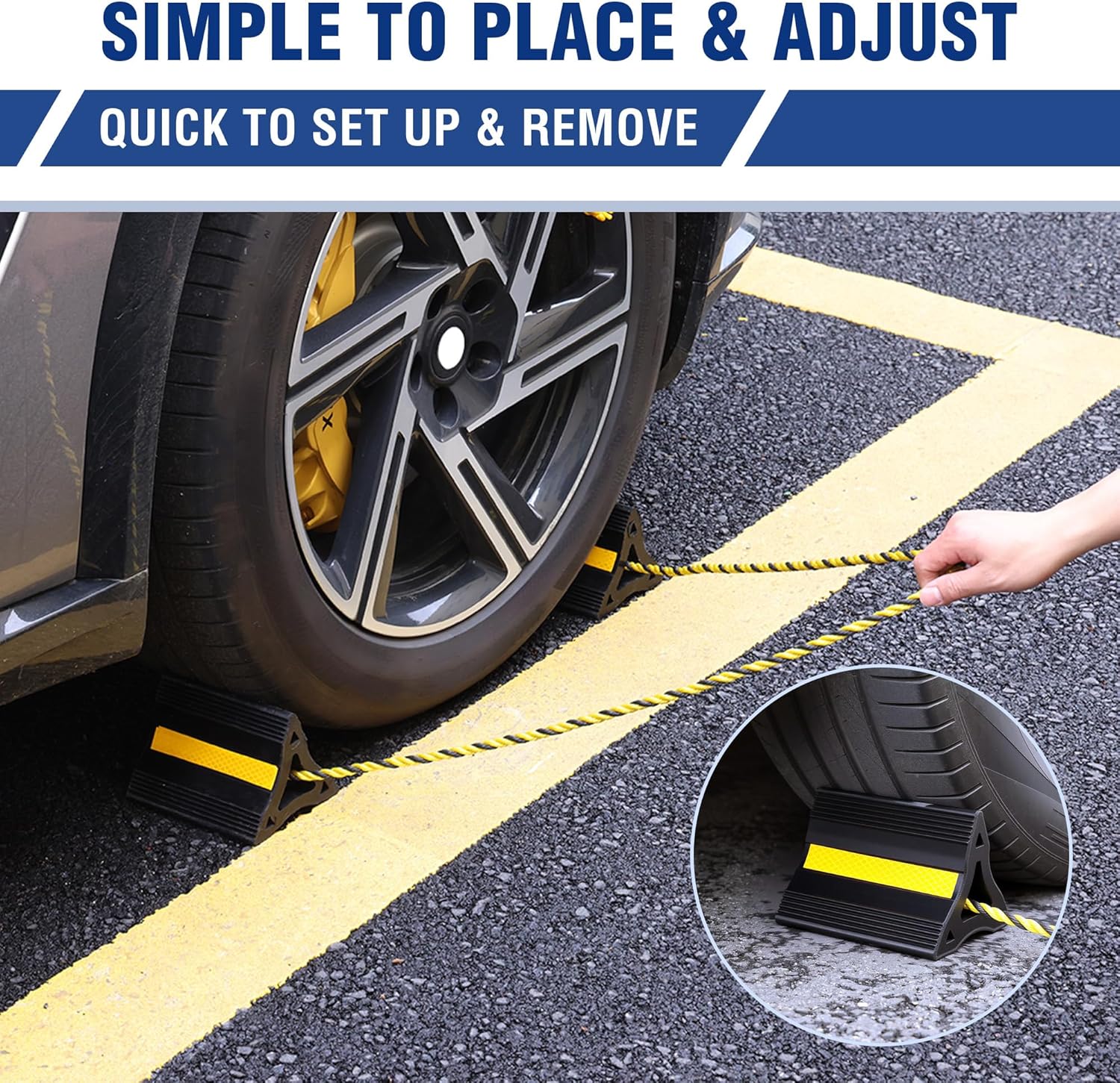 Rubber wheel chock wedge with rope and yellow reflective stripe, hand adjusting on road