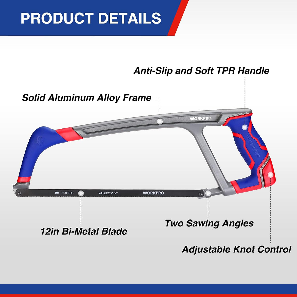 WORKPRO 12-inch Hacksaw with Extra 2 Bi-Metal Saw Blades, Heavy Duty Adjustable 45/90 Angle Saw for Metal, Wood, PVC Pipes