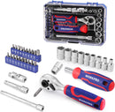 WORKPRO 34 PCS 1/4" Drive Mini Socket Ratchet Wrench Set, Screwdriver Bit Set, Dual Socket & Bit Head Ratchet, Magnetic Driver, Metric Sockets 4-12mm, Extension Bars & Universal Joint, Storage Case