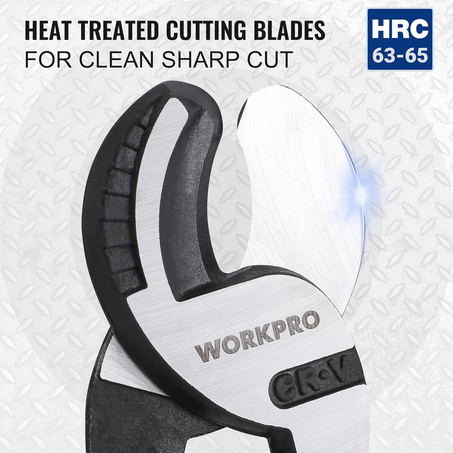 Close-up cable cutter jaws with heat-treated cutting blades and black crimp head