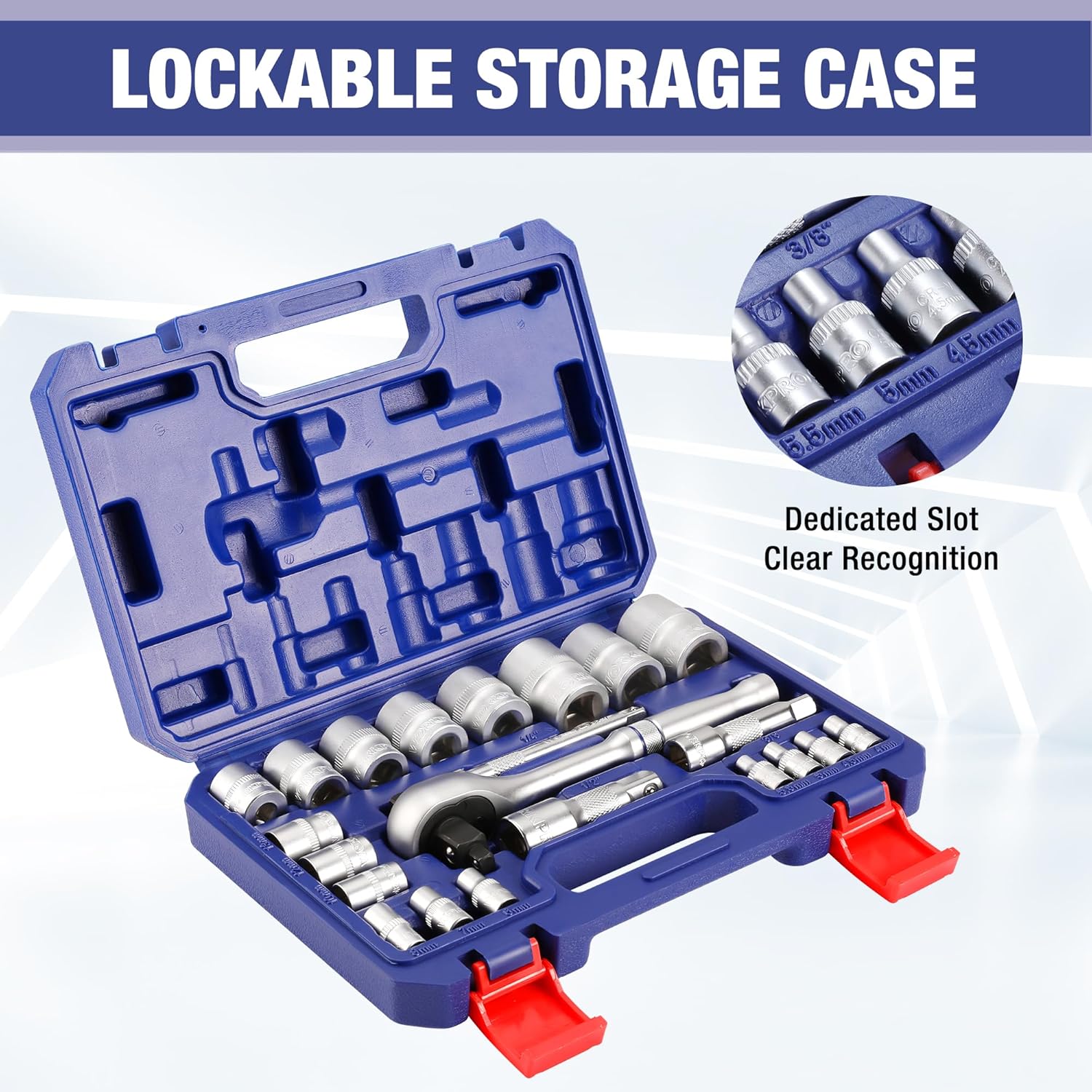 Lockable storage case with clear slots holding metric sockets, extensions, and ratchet