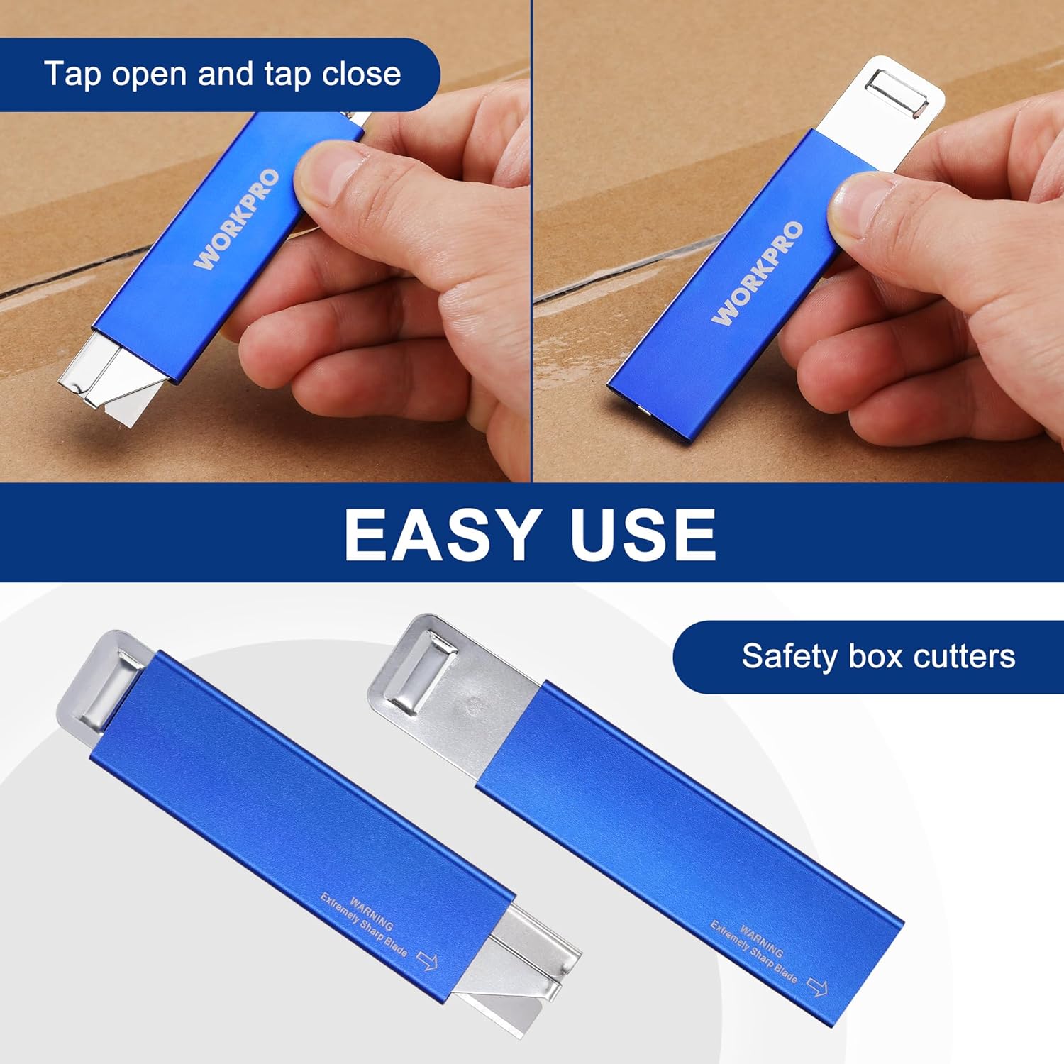 Blue retractable box cutter with blade shown in use cutting cardboard