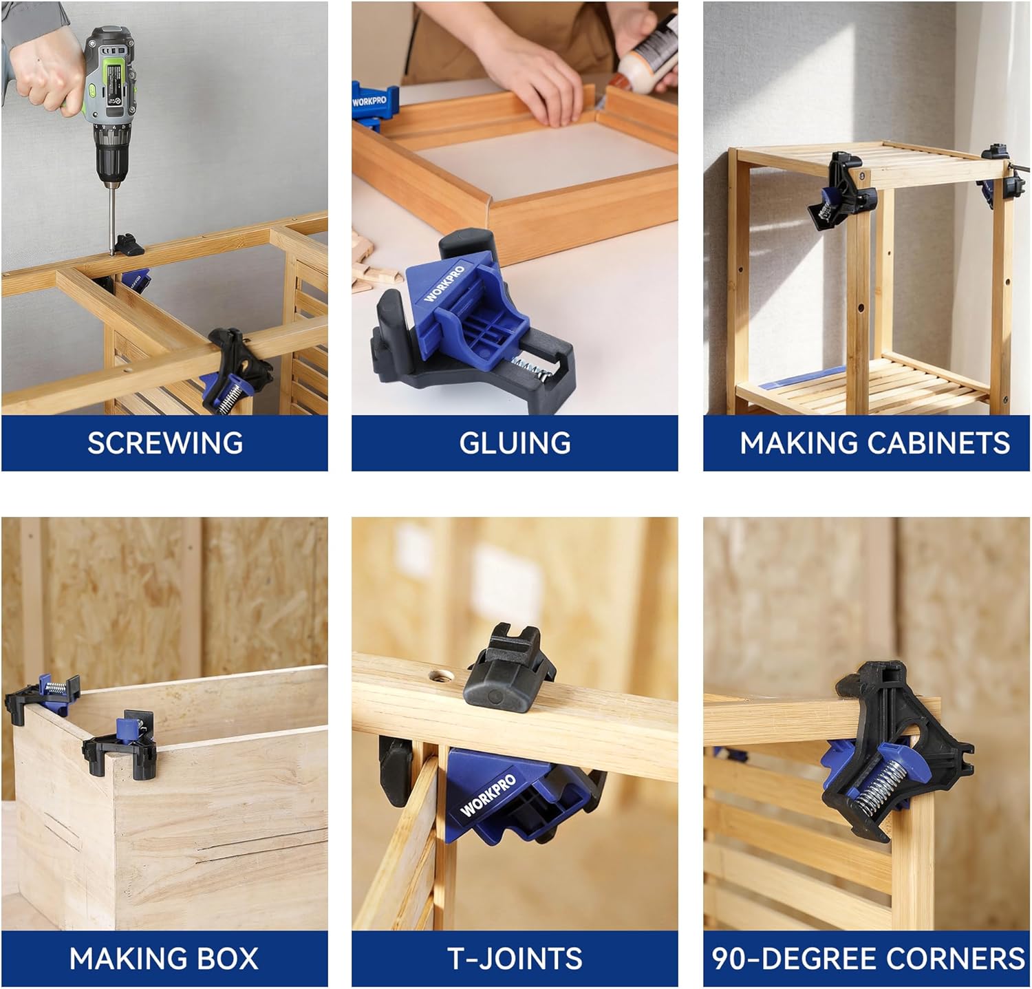 Blue and black right angle corner clamps for woodworking joinery and cabinet framing