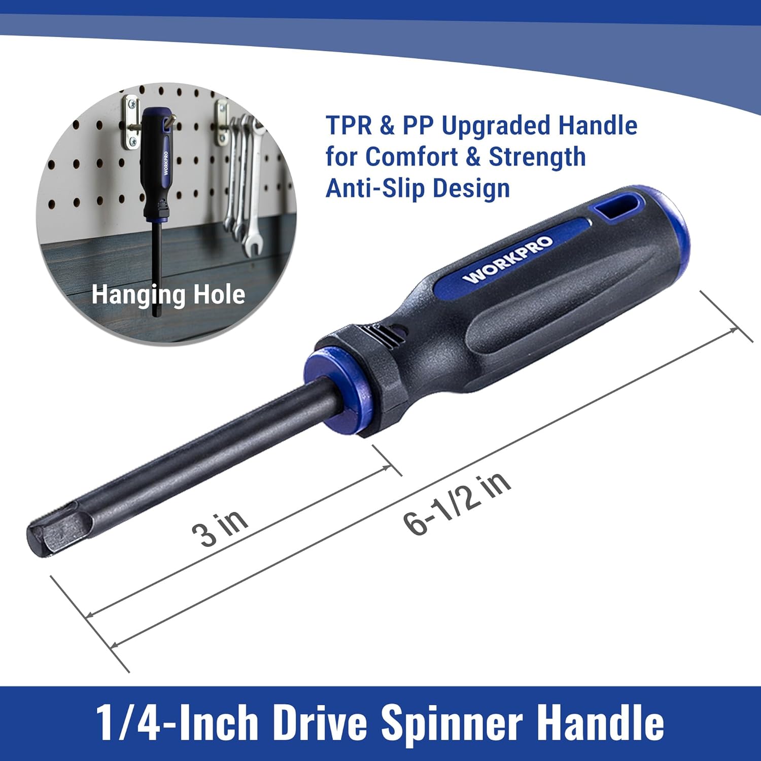 1/4 in drive spinner handle with anti-slip grip and blue collar