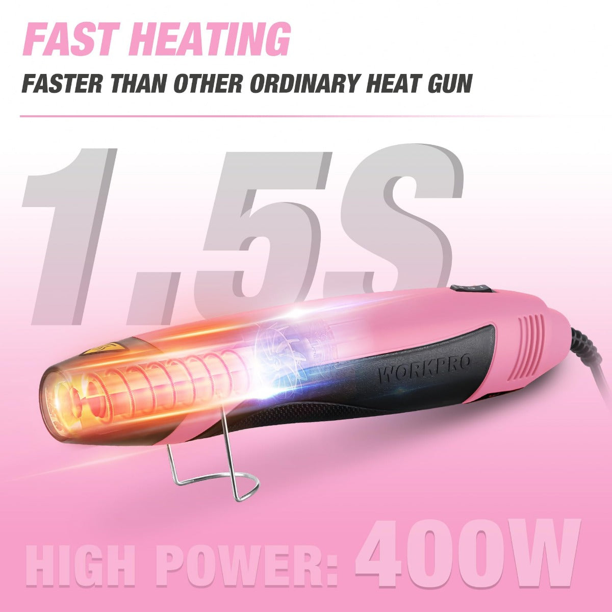 Pink 400W mini hot air gun with glowing heating element through reflector nozzle