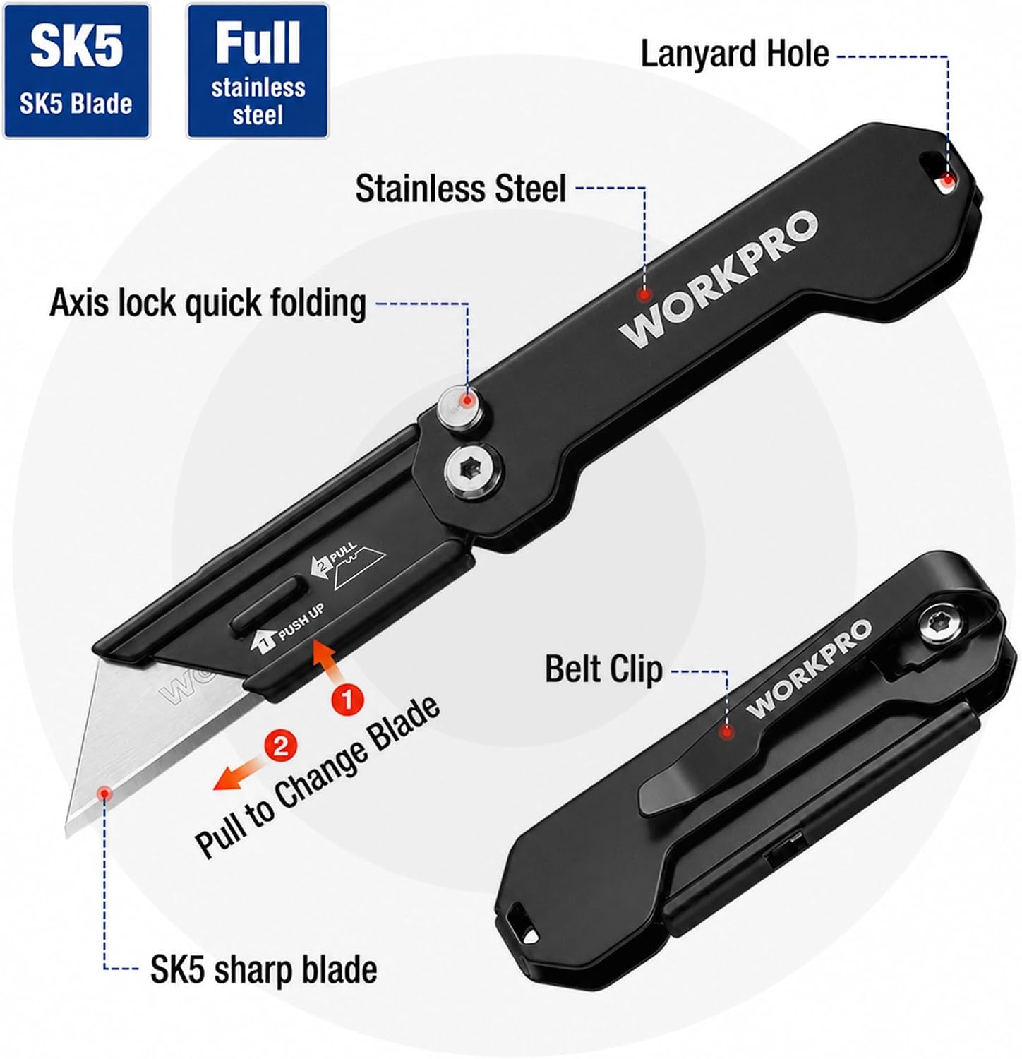 WORKPRO black folding utility knife with axis lock and belt clip, lanyard hole detail