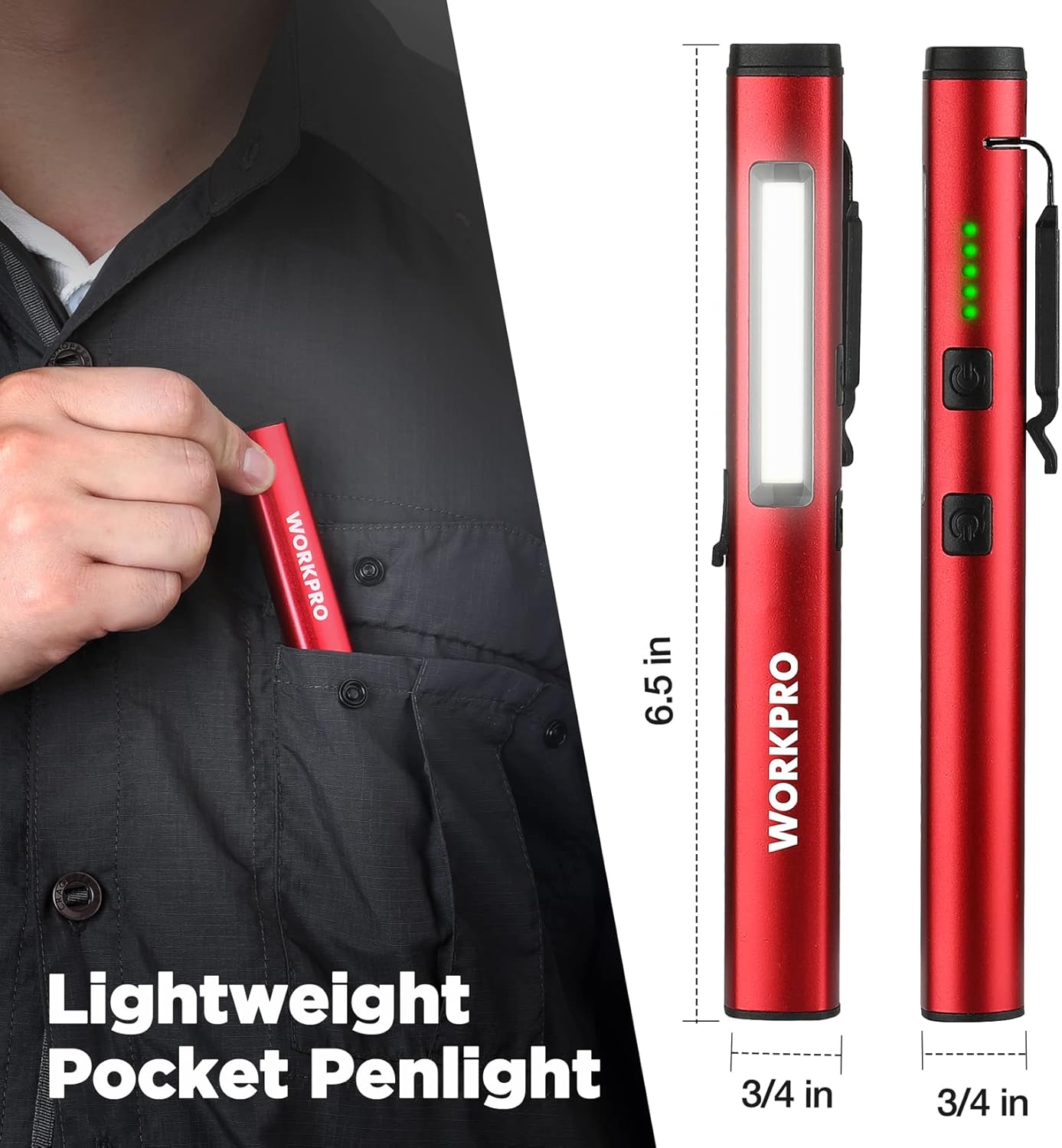 Red WORKPRO pocket pen flashlight with side buttons and long slim body