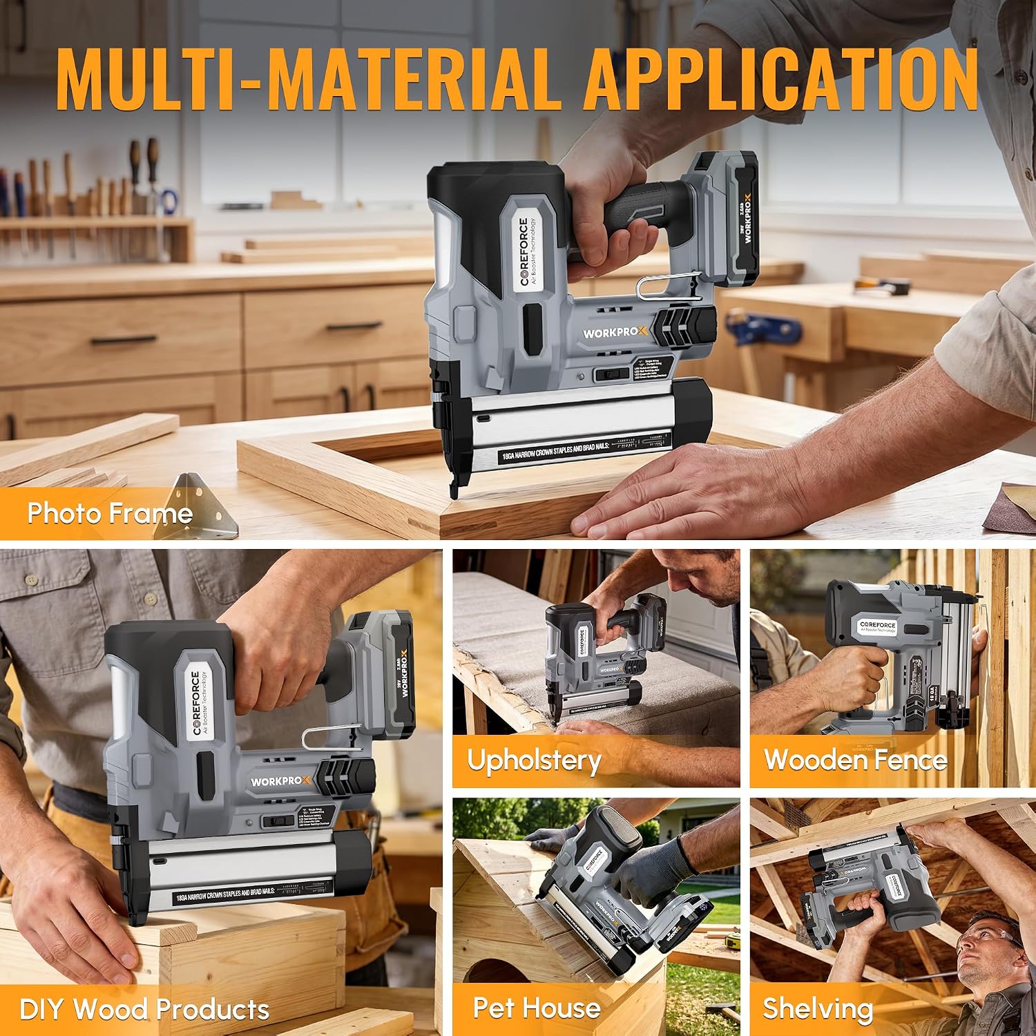 Cordless brad nailer with LED lights for multi-material projects, gray and black