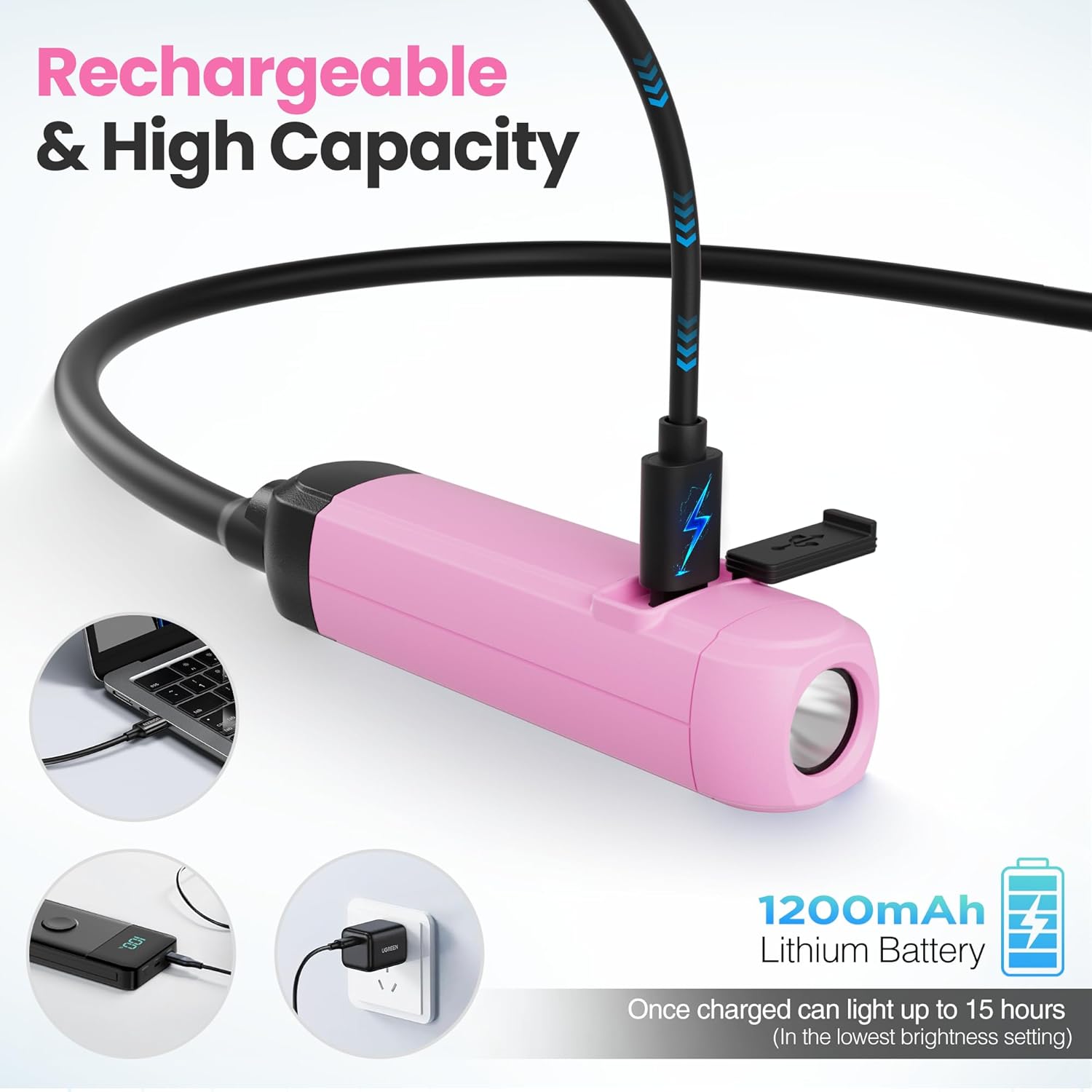 Pink rechargeable neck light with dual LED pods, charging port, and USB charging cable