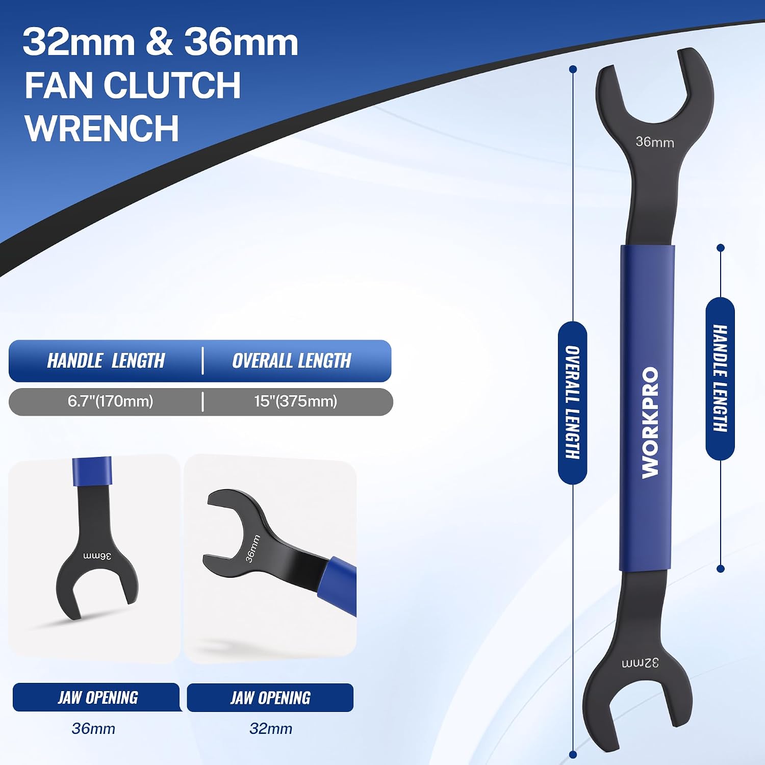 Blue 32mm and 36mm fan clutch wrench with black adjustable jaw ends