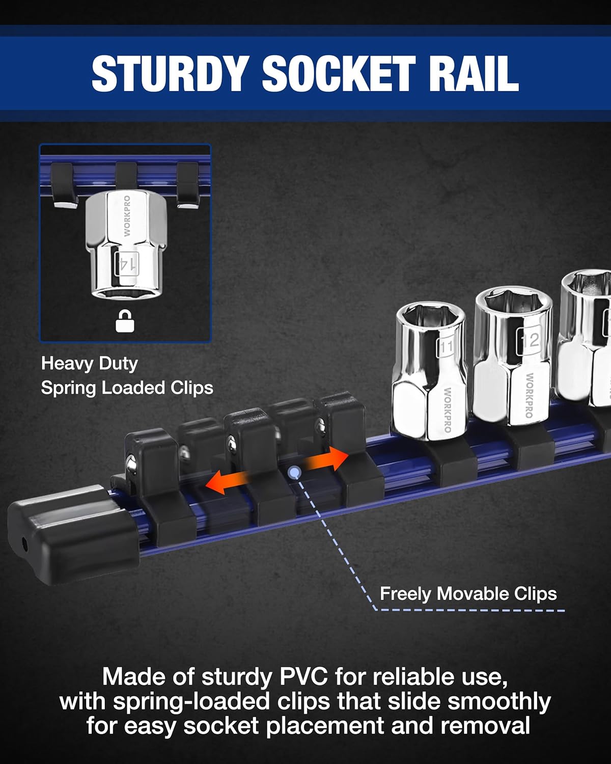 PVC socket organizer rail with spring-loaded clips for easy socket placement