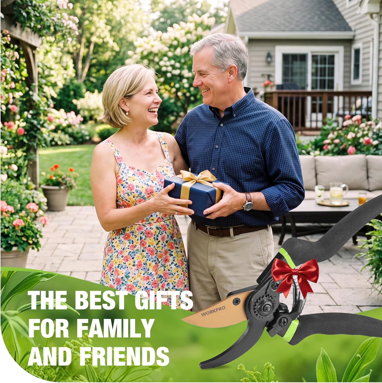 Bypass pruning shears displayed with gift bow, tan blade and black handles with green accents