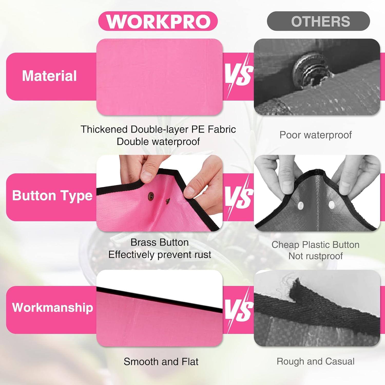Pink double-layer waterproof potting mat with reinforced buttons and smooth, flat design