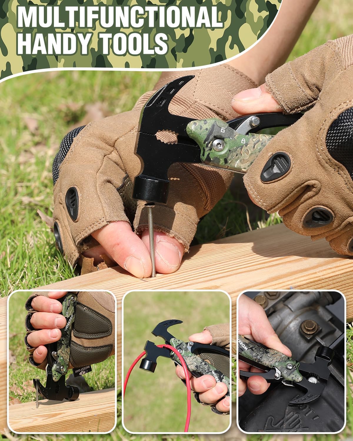 WORKPRO 12-in-1 multitool with camouflage handle, held in work gloves on outdoor task