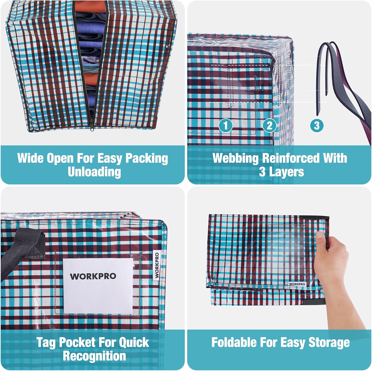 Plaid zippered moving tote set with wide opening, layered reinforcement, and tag pocket