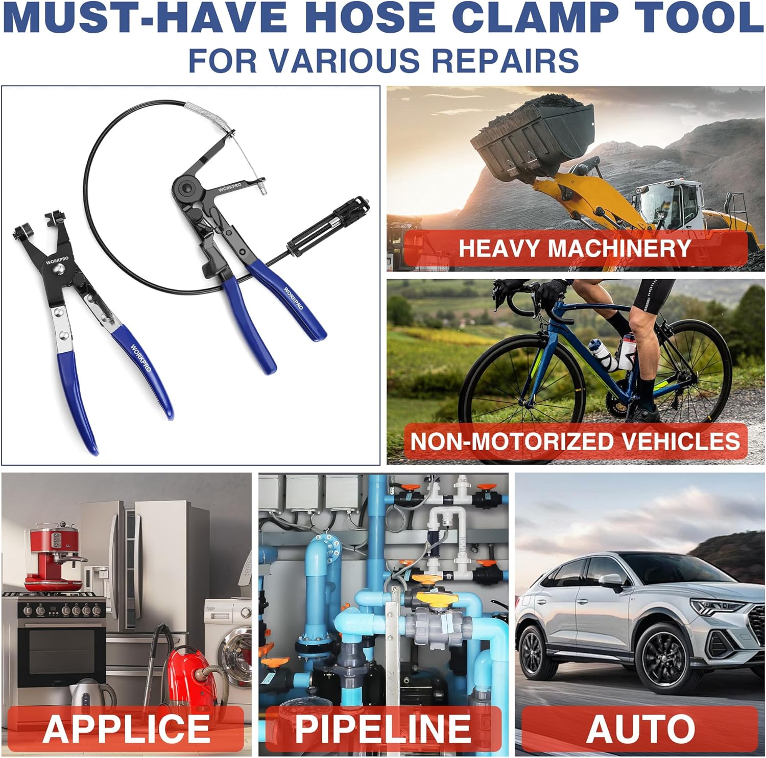 WORKPRO hose clamp tool set with blue handles for various vehicle hose repairs