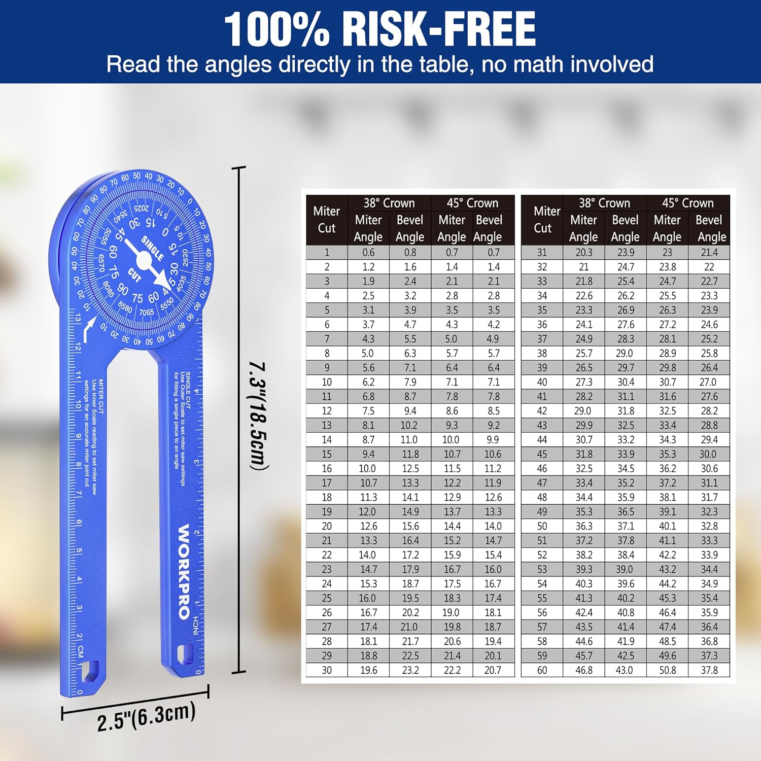 Blue angle finder protractor with table of angles for direct angle reading