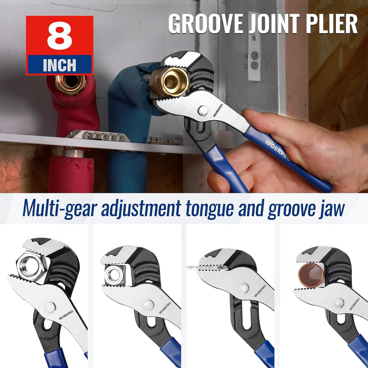 Workpro seven-piece pliers tool set with blue and red handles, silver metal jaws, and multi-position adjustment.