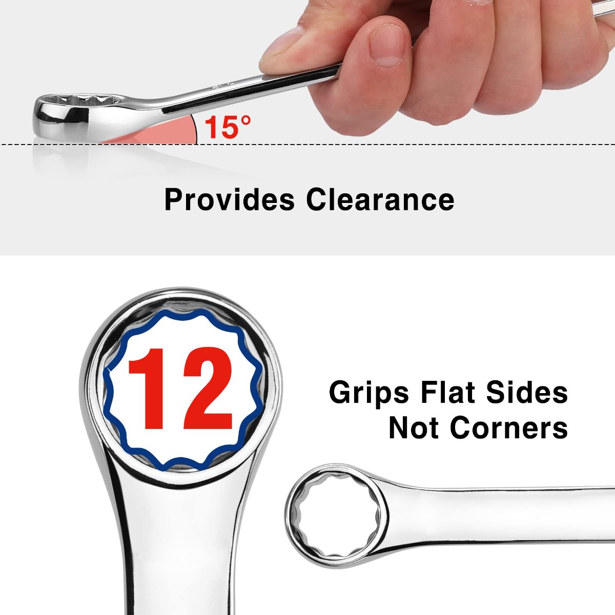 Chrome combination wrench with 12-point box end, flat grips, and 15° clearance