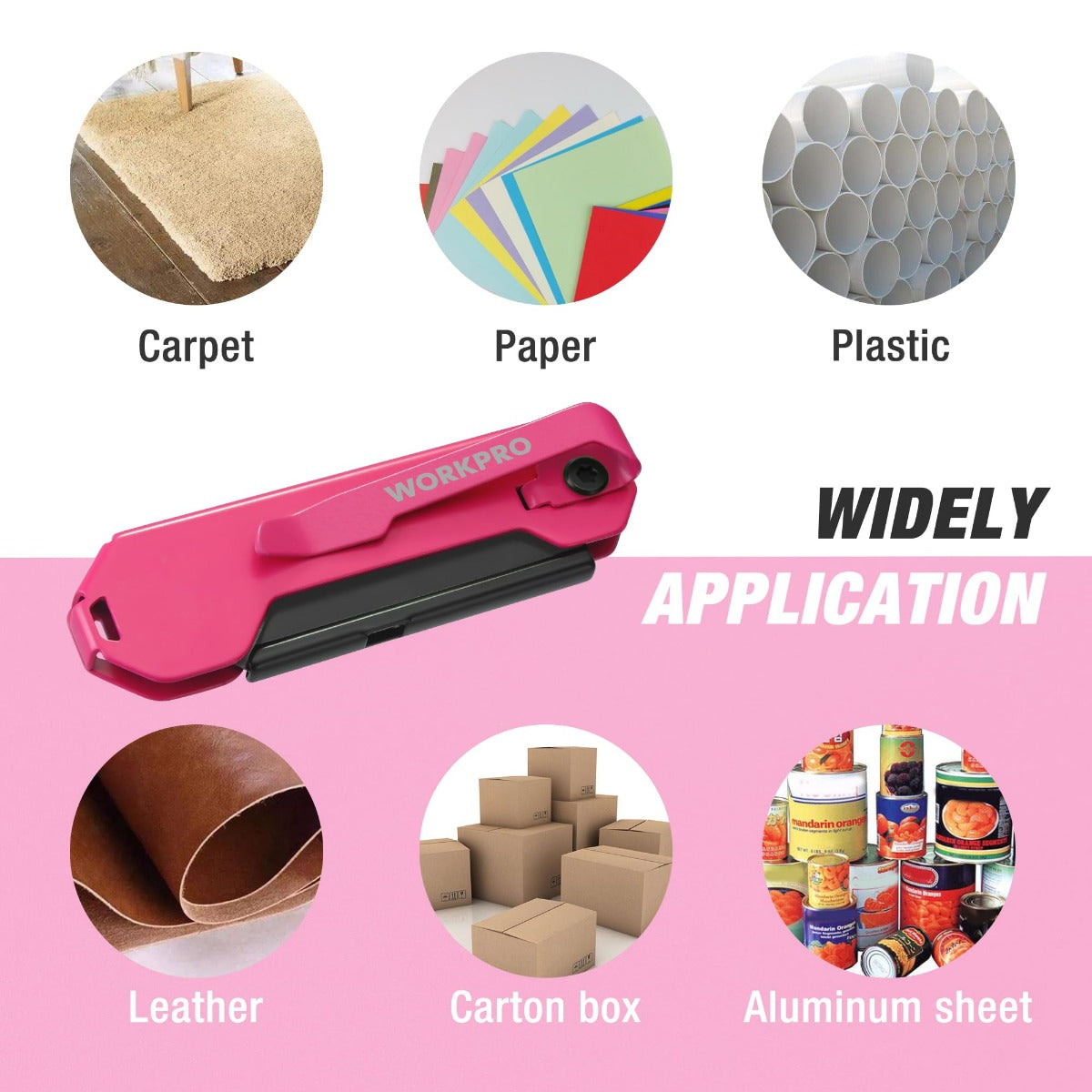 Pink folding utility knife for cutting carpet, paper, plastic, and leather