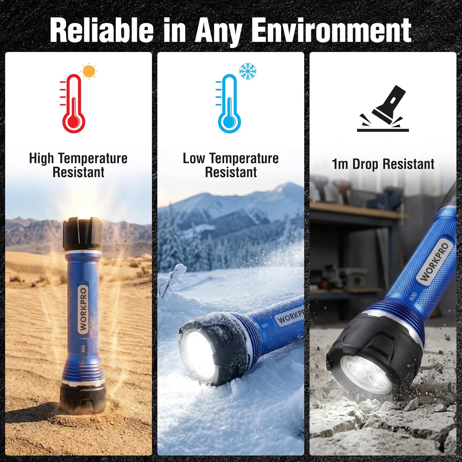 Blue and black rugged LED flashlight with textured body and beam head.