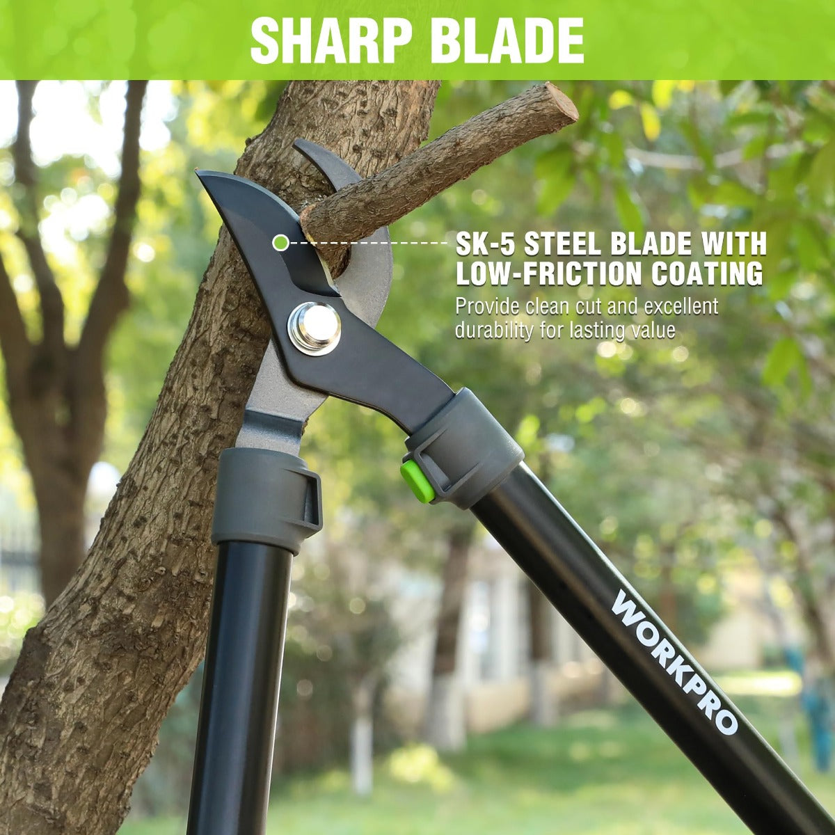 Bypass lopper with sharp SK-5 steel blade and green grip on black handles