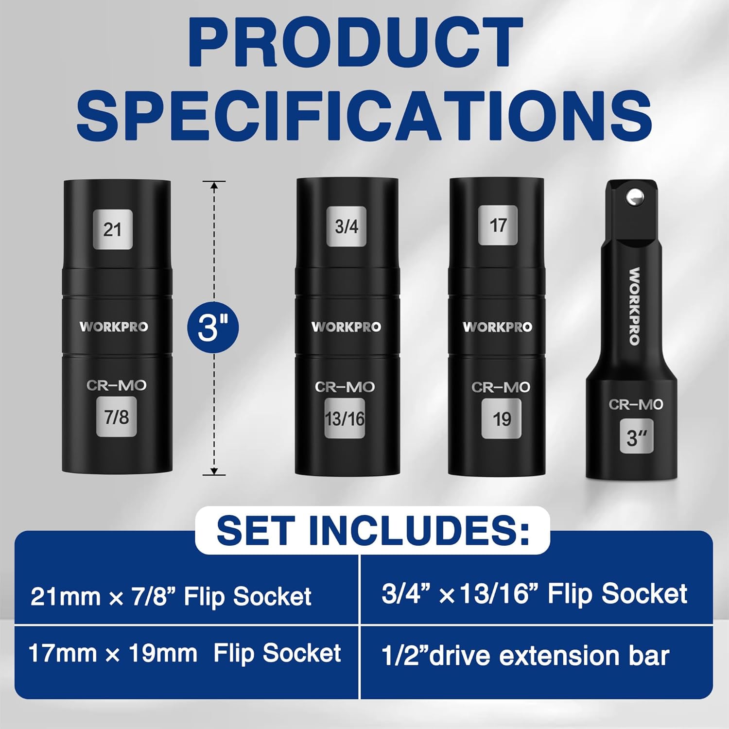 WORKPRO CR-Mo impact flip socket set with extension bar and flip sockets