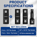 WORKPRO 4PCS Impact Socket Set 1/2" Drive, Lug Nut Socket Set, Wheel Socket Set Cr-Mo Steel, Includes 1PC 3" Extension Bar & 3PCS Flip Sockets of 6 Metric and SAE Sizes